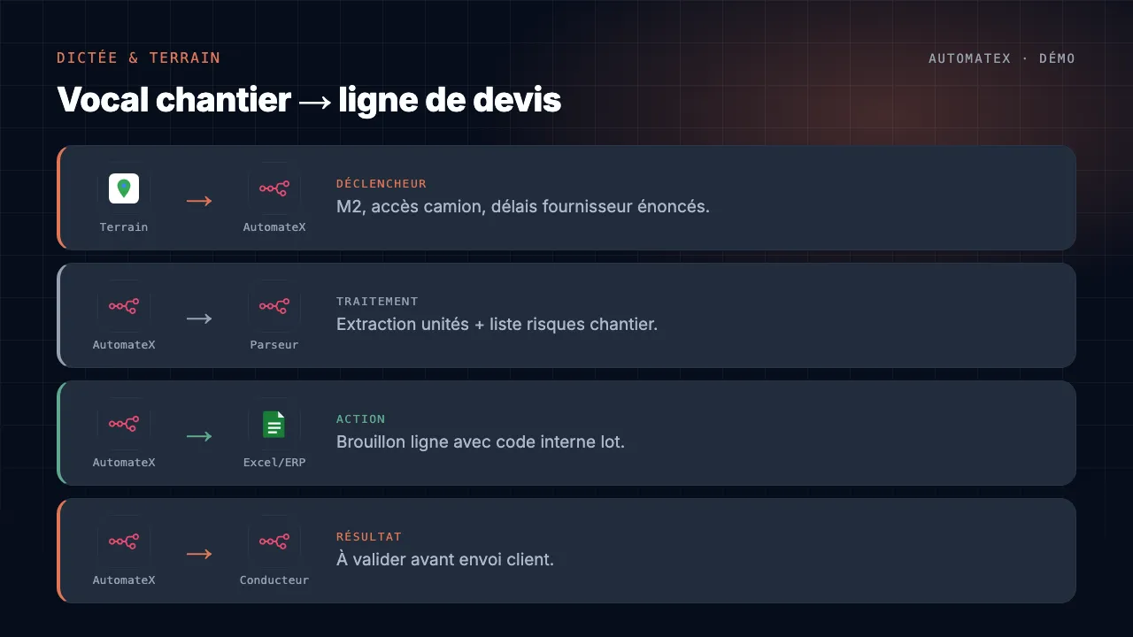 Démo animée : Vocal chantier → ligne de devis